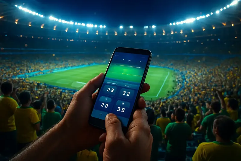 Estádio Maracanã lotado à noite com torcida em verde e amarelo e apostas esportivas no celular