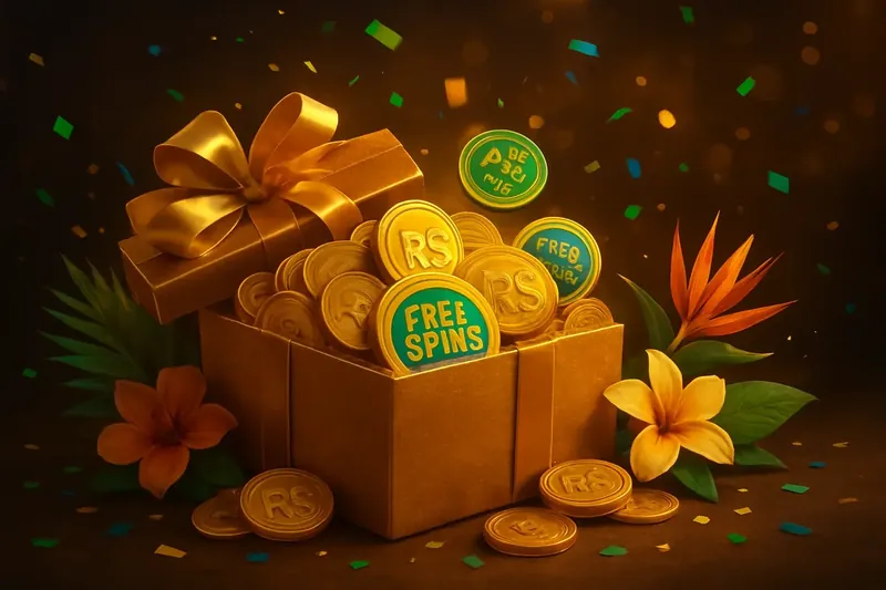 Caixa dourada com moedas de real, fichas de giros grátis, confete de carnaval e flores tropicais em clima festivo