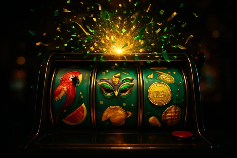 Máquina de caça-níqueis vibrante com símbolos tropicais, papagaios, máscaras de carnaval, moedas de real e jackpot explodindo em festa junina