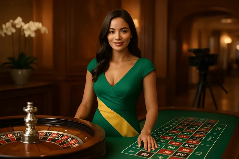 Croupier brasileira elegante em mesa de roleta, estúdio de casino ao vivo com decoração tropical luxuosa e atmosfera inspirada no Copacabana Palace