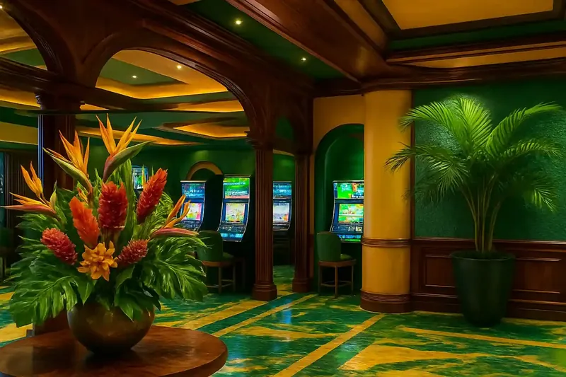 Cassino Brasileiro Luxuoso Lobby de cassino elegante com decoração tropical brasileira, flores exóticas e telas de jogos iluminadas