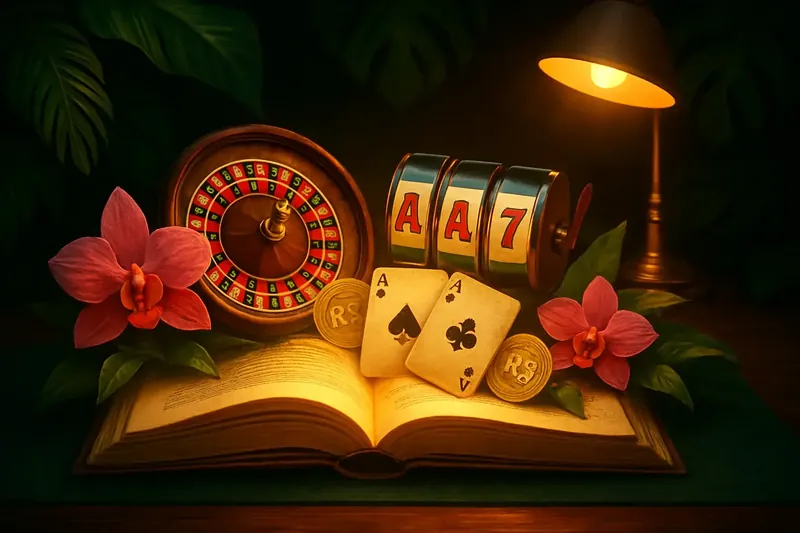Livro aberto com roleta, caça-níqueis, cartas de blackjack, moedas de real e flores tropicais em mesa de madeira com folhas da Amazônia