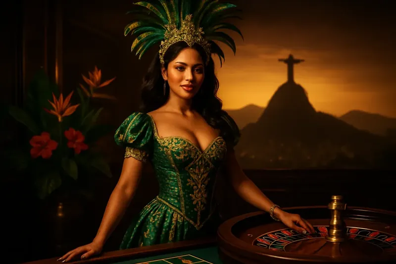 Cassino Online Premium Mulher brasileira elegante com vestido de carnaval ao lado de roleta, flores tropicais e Cristo Redentor ao fundo