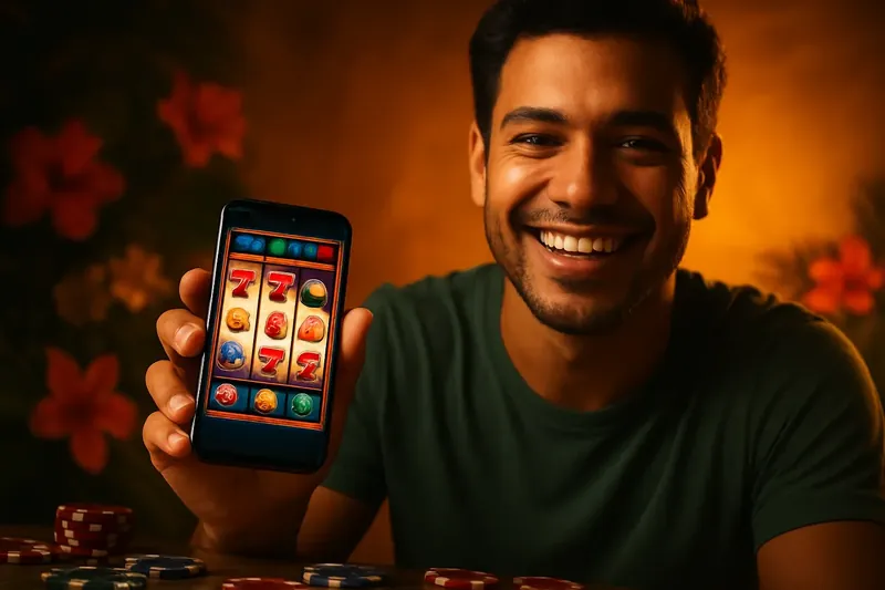 Jogador Cassino Brasileiro Jogador brasileiro segurando smartphone com slot online colorido, fundo dourado e flores tropicais