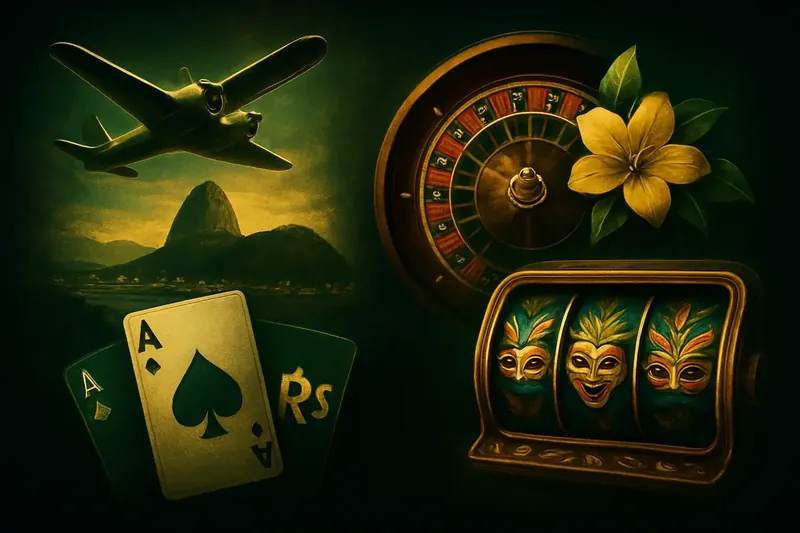 Jogos de Cassino Brasileiros Colagem de jogos de cassino com Aviator, roleta, cartas e caça-níqueis em tema brasileiro